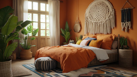 A bohemian-inspired bedroom with layered textiles, macram wall hangings, and potted plants, creating a vibrant and artistic ambiance.の素材