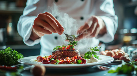 A chef expertly plating a gourmet dish, with steam wafting from the hot food and fresh herbs as garnish, highlighting culinary skills and presentation.の素材