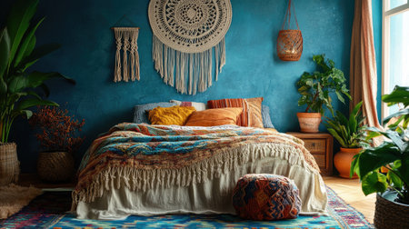 A bohemian-inspired bedroom with layered textiles, macram wall hangings, and potted plants, creating a vibrant and artistic ambiance.の素材