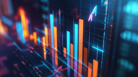 A close-up of a 3D financial bar chart, with arrows pointing upward, representing positive market trends and investment performance in a modern business setting.の素材