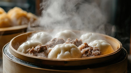 A close-up shot of steaming hot bao buns filled with savory pork, with a hint of steam rising, highlighting the fluffy texture and mouthwatering fillingの素材