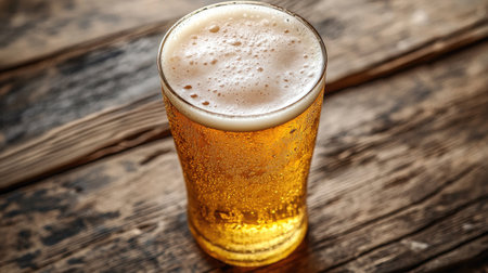 A close-up of a frothy pint of golden beer with condensation on the glass, set against a rustic wooden table, inviting viewers to enjoy a refreshing drinkの素材