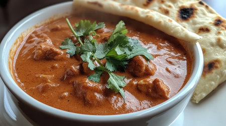 A close-up of a steaming bowl of butter chicken garnished with fresh cilantro, served with fluffy naan bread, capturing the essence of this beloved dishの素材