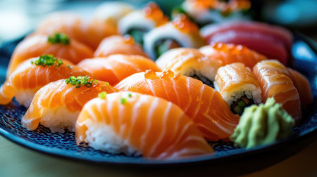 A colorful sushi platter featuring salmon nigiri and sashimi, artfully arranged with wasabi and pickled ginger, highlighting the elegance of Japanese cuisine.の素材