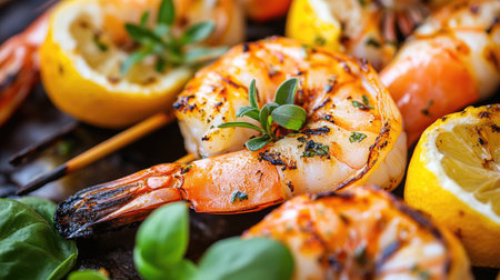A close-up of freshly grilled prawns on skewers, with herbs and lemon slices, creating a mouthwatering BBQ seafood scene.の素材