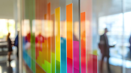 A colorful 3D bar chart on a transparent screen, showing financial performance over time, with blurred office workers in the background.の素材