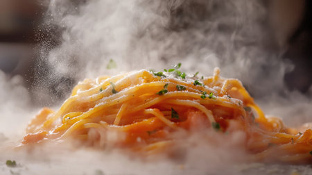 A close-up of spaghetti al pomodoro being served, with steam rising and a sprinkle of fresh herbs, evoking the aroma and flavors of traditional Italian cooking.の素材