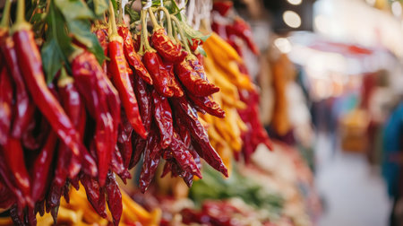 A close-up of dried chili peppers hanging in a traditional market, showcasing their rich colors and the cultural significance of chili in food preservation.の素材