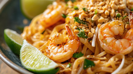A close-up of a plate of pad thai, featuring stir-fried noodles, shrimp, and bean sprouts, beautifully presented with a sprinkle of crushed peanuts and lime slices.の素材