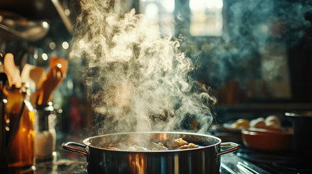 A close-up of smoke escaping from a bubbling cauldron in a kitchen, creating a sense of culinary magic and warmth, with ingredients in the background.の素材