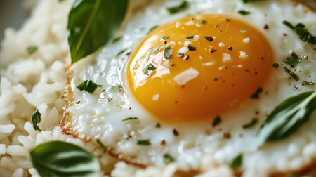 A close-up of the glossy fried egg resting on a bed of aromatic Thai basil rice, with the yolk slightly runny, inviting viewers to dig in.の素材