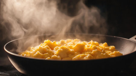 A comforting image of scrambled eggs being served hot from a skillet into a bowl, with steam rising, evoking the warmth of home-cooked meals.の素材