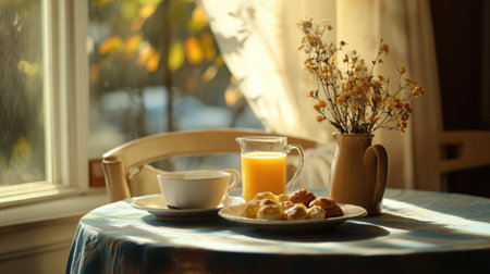 A cozy breakfast nook with a table set for two, featuring a plate of scrambled eggs, fresh orange juice, and pastries, inviting a leisurely morning.の素材