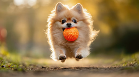 A close-up of a small fluffy dog with a bright ball in its mouth, running towards the camera with excitement, showcasing the playful spirit of pets.の素材