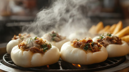 A close-up shot of steaming hot bao buns filled with savory pork, with a hint of steam rising, highlighting the fluffy texture and mouthwatering fillingの素材