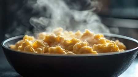 A comforting image of scrambled eggs being served hot from a skillet into a bowl, with steam rising, evoking the warmth of home-cooked meals.の素材