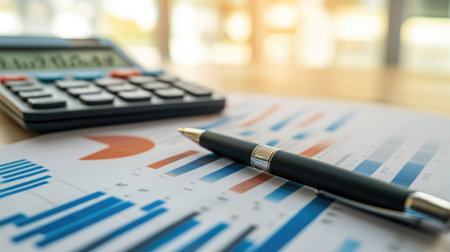 A close-up of a financial report featuring various charts and graphs, with a pen and calculator, showcasing detailed analysis for investment planning.の素材