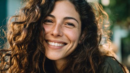 A joyful young woman with beautiful curly hair smiles radiantly in a vibrant outdoor backdrop. Her expression captures pure happiness and confidence, inviting connection.の素材