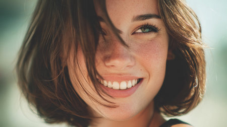 A close-up portrait of a joyful young woman with short brown hair, smiling radiantly against a soft nature background, showcasing positivity and warm emotions.の素材