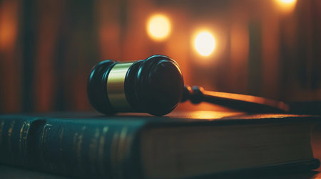 A close-up of a gavel resting on a legal book, symbolizing the authority of the law, with soft lighting creating a serious and contemplative atmosphere.の素材