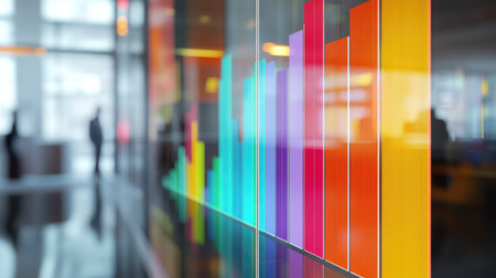 A colorful 3D bar chart on a transparent screen, showing financial performance over time, with blurred office workers in the background.の素材