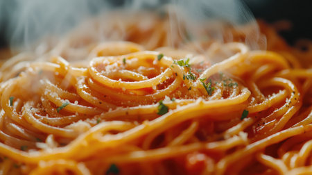 A close-up of spaghetti al pomodoro being served, with steam rising and a sprinkle of fresh herbs, evoking the aroma and flavors of traditional Italian cooking.の素材