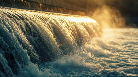A close-up of the dam spillway with water cascading down, creating a beautiful mist and illustrating the power and management of water resources.の素材