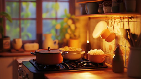 A cozy kitchen with a rice pot simmering on the stove, the warm glow of the evening light creating an inviting atmosphere for family meals.の素材