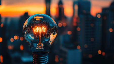 A close-up of a light bulb reflecting a city skyline at dusk, capturing the essence of urban life and the interplay of light and architecture.の素材