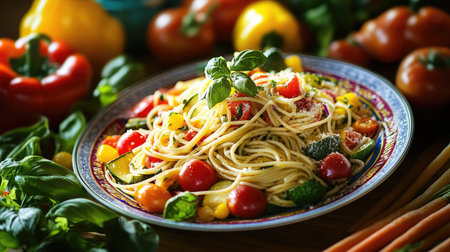 A colorful plate of spaghetti primavera, overflowing with vibrant seasonal vegetables, illustrating a healthy and delicious take on this classic dish.の素材