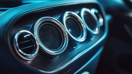 A close-up of high-quality car speakers integrated into a stylish dashboard, showcasing sleek design and modern technology in a luxury vehicle.の素材