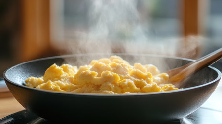 A comforting image of scrambled eggs being served hot from a skillet into a bowl, with steam rising, evoking the warmth of home-cooked meals.の素材