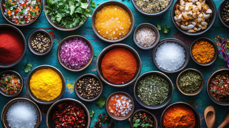 A colorful array of dishes from around the world, with salt being a key ingredient in each, illustrating the universal importance of seasoning in cuisine.の素材