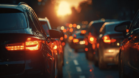 A captivating view of a traffic jam during sunset, showcasing glowing car lights. The warm hues create a vibrant urban atmosphere filled with energy and motion.の素材