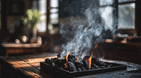 Experience a cozy indoor moment with glowing embers and delicate smoke rising from charcoal. This inviting scene captures warmth and tranquility in a rustic home setting.の素材