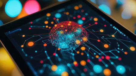 A digital tablet displaying a mind map filled with interconnected ideas, showcasing modern techniques for organizing thoughts and fostering creativity.の素材