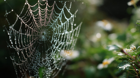 A stunning close-up of a spider web glistening with dew drops in a sunlit garden, showcasing intricate patterns amidst vibrant greenery and delicate wildflowers.の素材