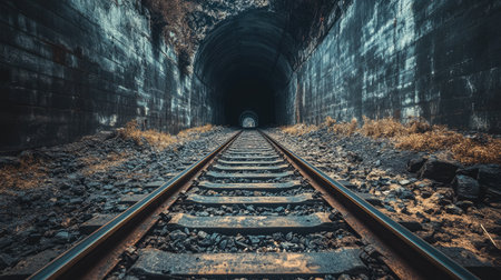A dramatic shot of train tracks leading into a long, dark tunnel, highlighting the mystery and anticipation of underground travel.の素材