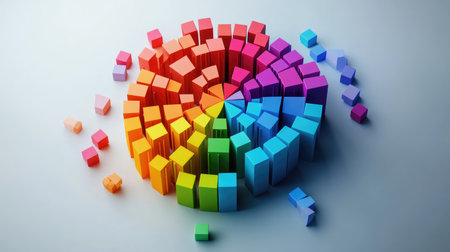 A creative representation of a 3D pie chart made from colorful blocks, symbolizing diverse data categories in a playful and engaging manner.の素材
