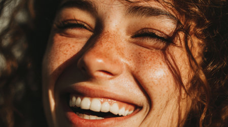 A lively portrait of a young woman with curly hair and freckles, laughing in the sun. This image captures pure joy and natural beauty in an outdoor environment.の素材