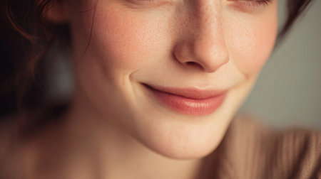 This stunning close-up captures a woman's gentle smile and soft skin, embodying natural beauty and warmth in a cozy, inviting atmosphere, radiating tranquility.の素材