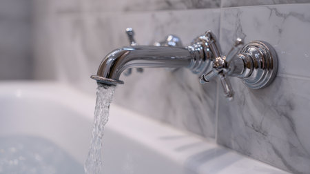 A beautifully designed chrome faucet streams clear water into a stylish bathtub. Surrounded by elegant marble tiles, this bathroom scene promotes relaxation and tranquility.の素材
