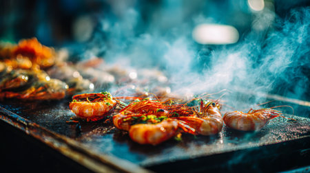 Vibrant image of grilled shrimp on a barbecue grill, highlighting delicious smoky flavors and fresh ingredients in a lively outdoor cooking setting.の素材