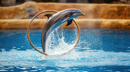A dolphin jumping through a hoop in a training session, splashing water around, capturing the excitement and skill of marine animal shows.の素材