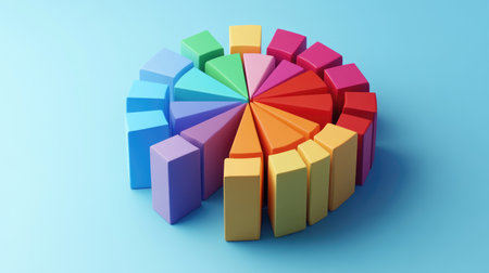 A creative representation of a 3D pie chart made from colorful blocks, symbolizing diverse data categories in a playful and engaging manner.の素材