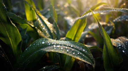 Discover the enchanting beauty of fresh corn leaves adorned with glistening dew drops, capturing the essence of a vibrant morning sun in a peaceful outdoor setting.の素材