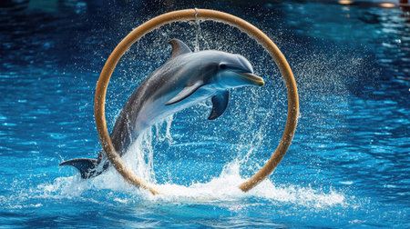 A dolphin jumping through a hoop in a training session, splashing water around, capturing the excitement and skill of marine animal shows.の素材