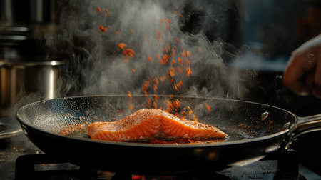 A dynamic cooking scene of a chef searing salmon in a hot skillet, with sizzling sounds and spices visible, capturing the excitement of culinary arts.の素材