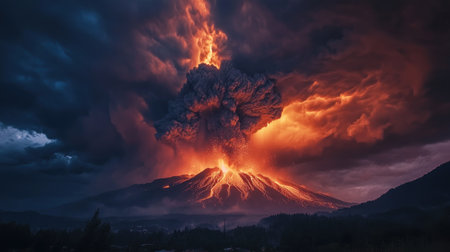 A dramatic time-lapse image of a volcano erupting, capturing the sequence of lava flow and ash clouds in a single frame, emphasizing the power of nature.の素材