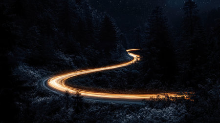 A dramatic shot of a winding road through a forest, illuminated by car headlights, creating a sense of adventure and mystery on a moonlit night.の素材
